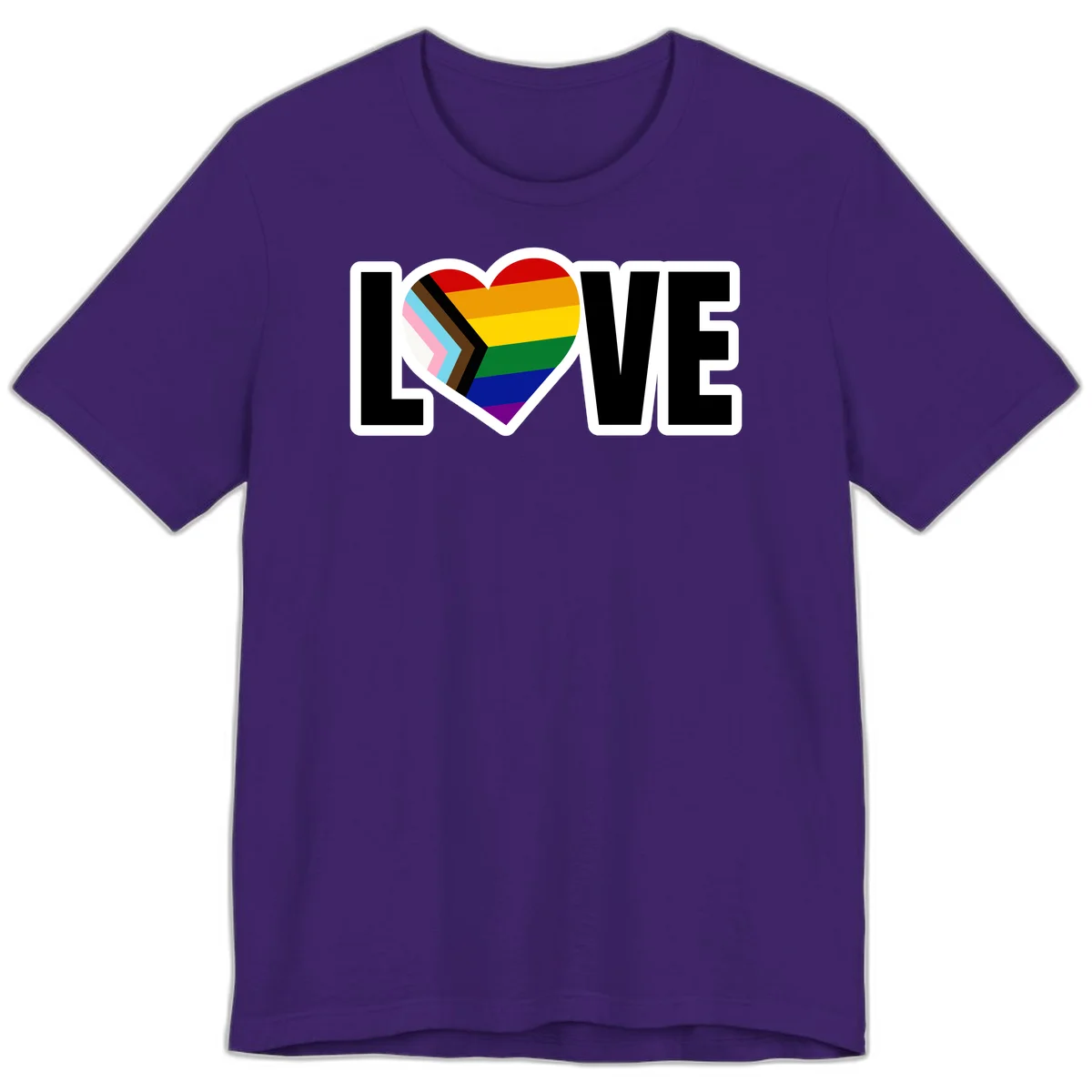 Love is love pride design featuring large black text with a rainbow heart containing the progress pride flag chevron stripes in Team Purple