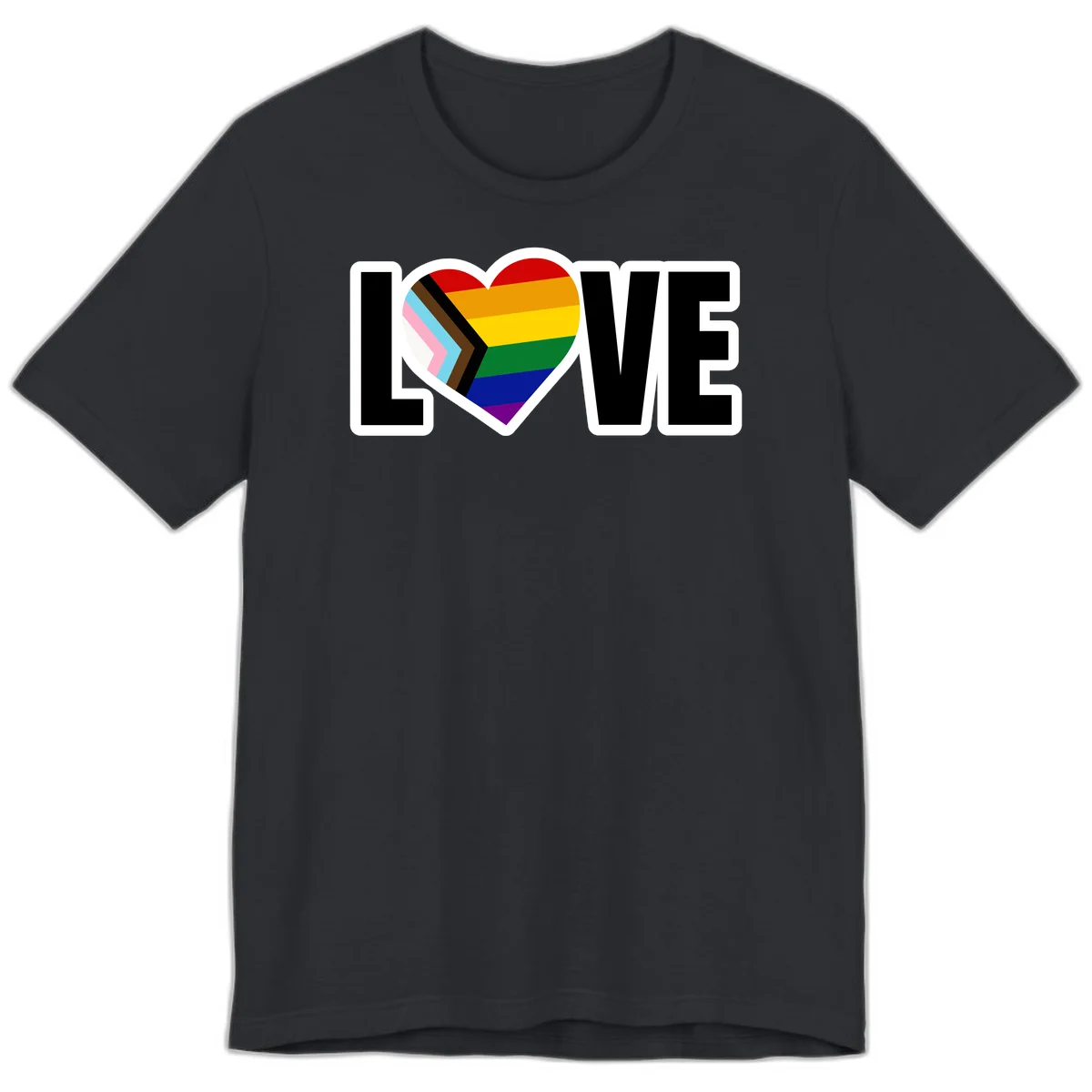 Love is love pride design featuring large black text with a rainbow heart containing the progress pride flag chevron stripes in Vintage Black