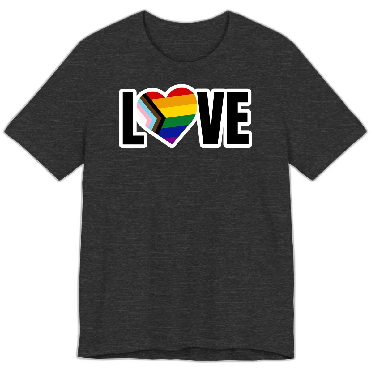 Love is love pride design featuring large black text with a rainbow heart containing the progress pride flag chevron stripes in Dark Grey Heather