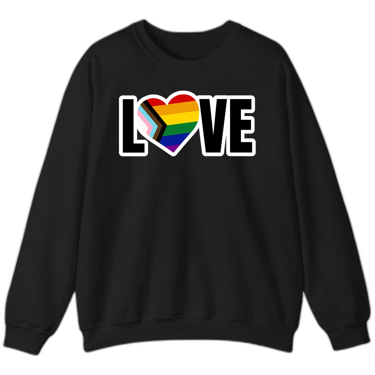 Love is love pride design featuring large black text with a rainbow heart containing the progress pride flag chevron stripes in Black