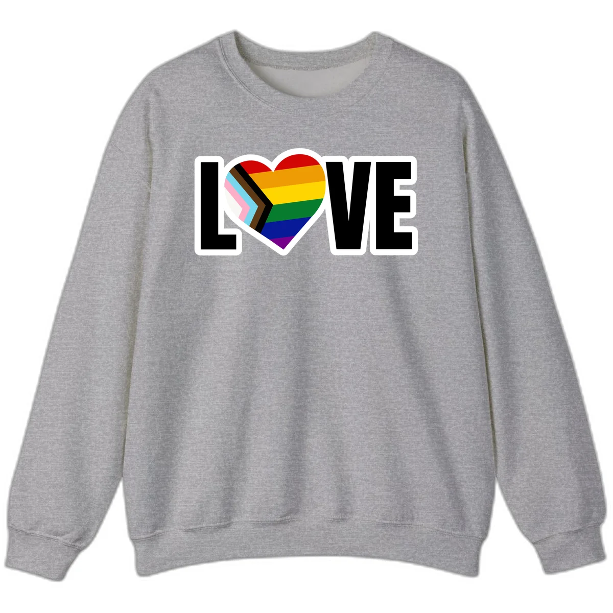 Love is love pride design featuring large black text with a rainbow heart containing the progress pride flag chevron stripes in Sport Grey