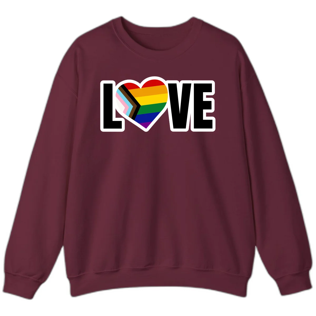 Love is love pride design featuring large black text with a rainbow heart containing the progress pride flag chevron stripes in Maroon
