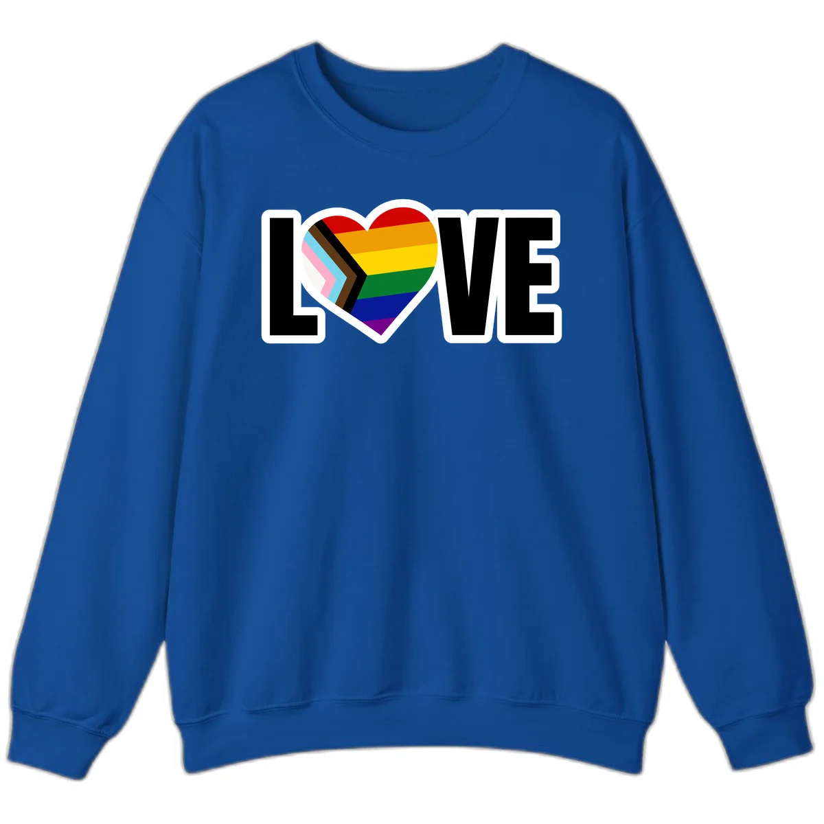 Love is love pride design featuring large black text with a rainbow heart containing the progress pride flag chevron stripes in Royal