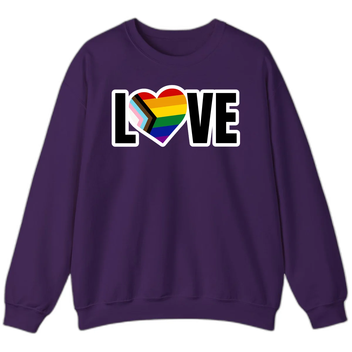 Love is love pride design featuring large black text with a rainbow heart containing the progress pride flag chevron stripes in Purple