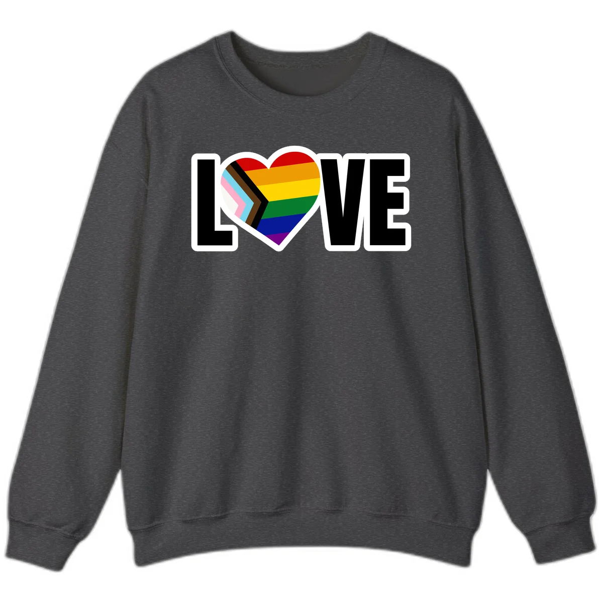 Love is love pride design featuring large black text with a rainbow heart containing the progress pride flag chevron stripes in Dark Heather