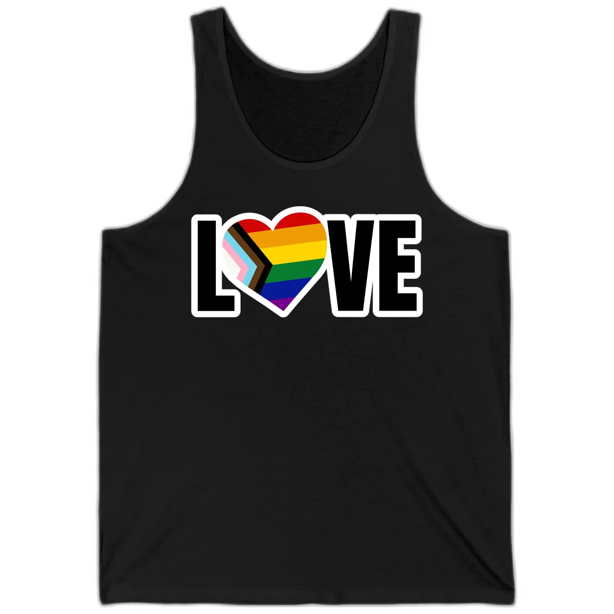 Love is love pride design featuring large black text with a rainbow heart containing the progress pride flag chevron stripes in Black