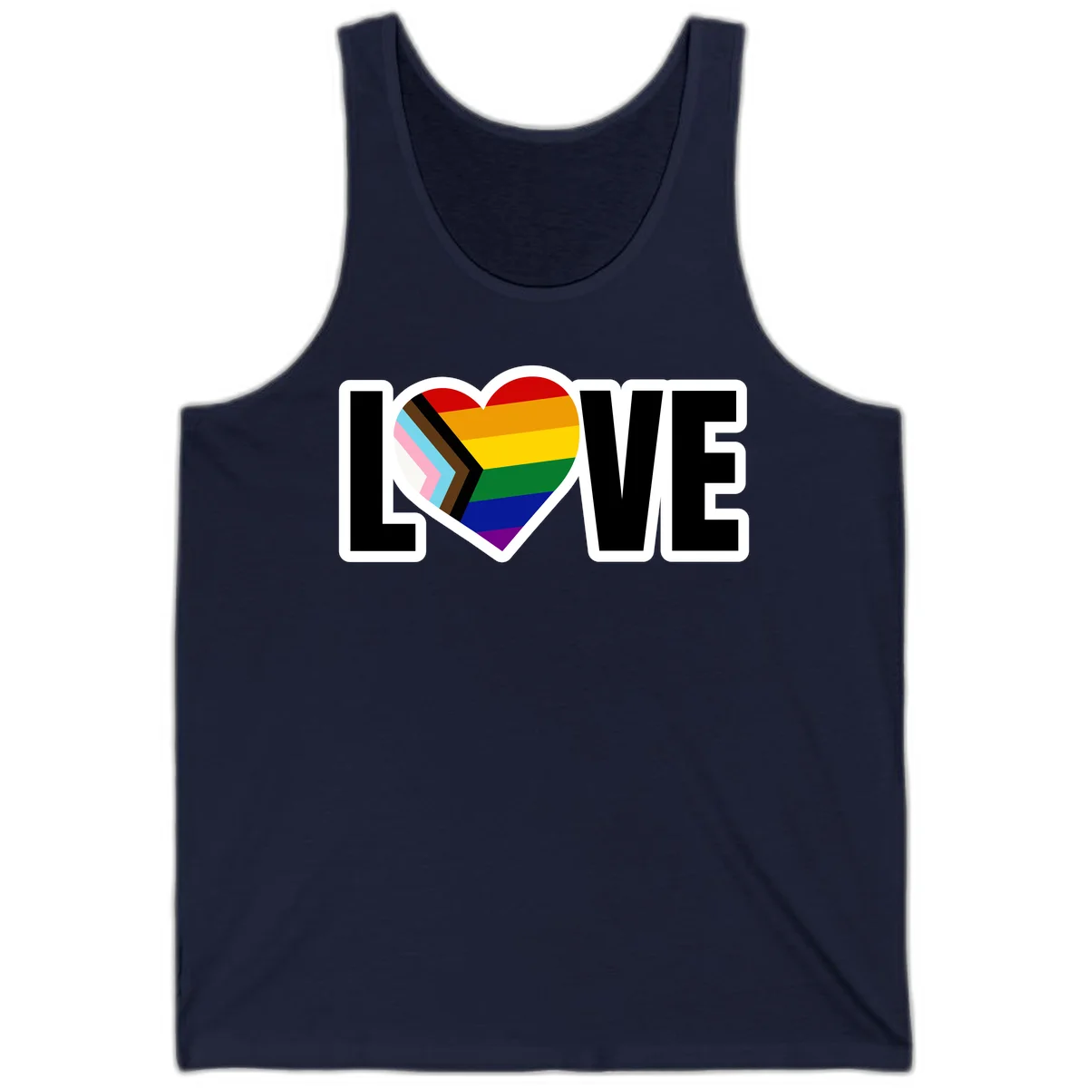 Love is love pride design featuring large black text with a rainbow heart containing the progress pride flag chevron stripes in Navy