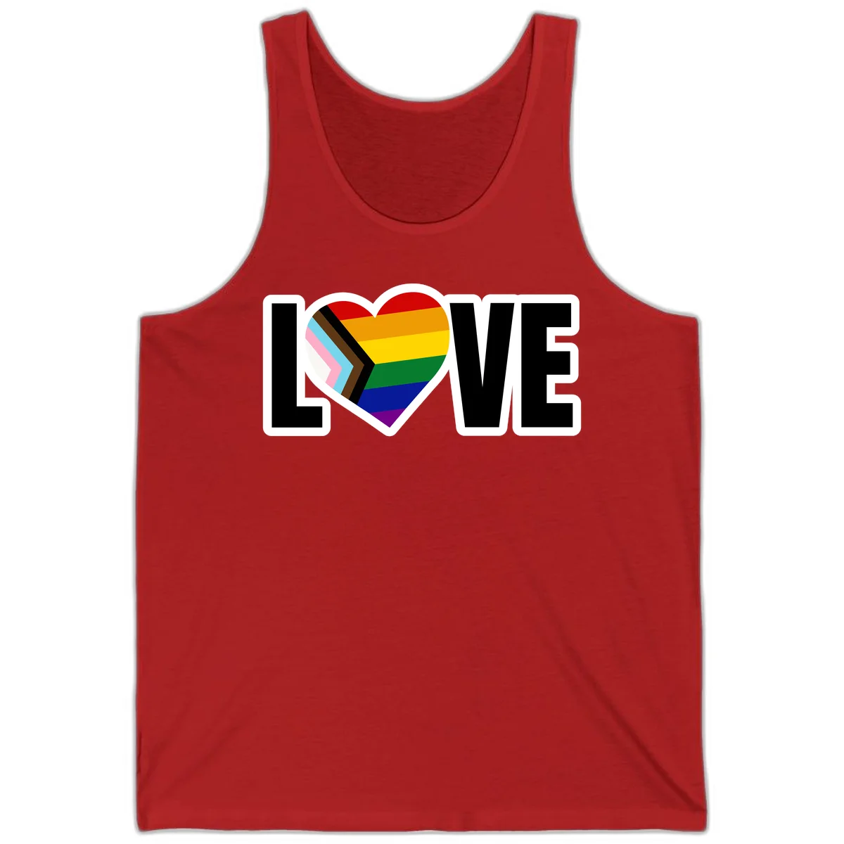 Love is love pride design featuring large black text with a rainbow heart containing the progress pride flag chevron stripes in Red
