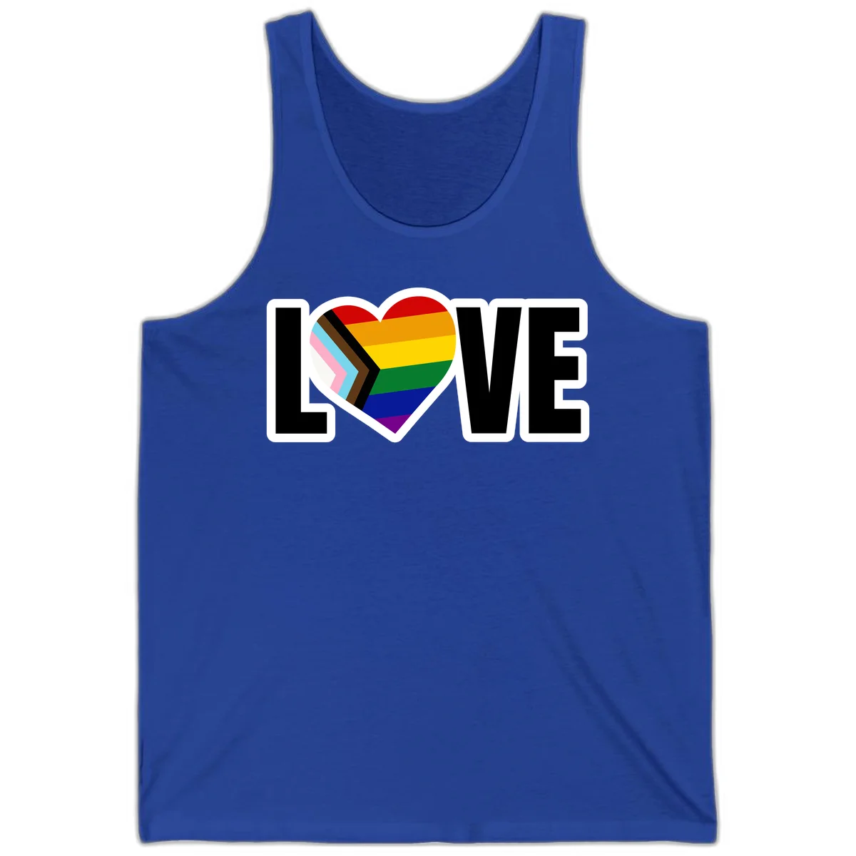 Love is love pride design featuring large black text with a rainbow heart containing the progress pride flag chevron stripes in True Royal