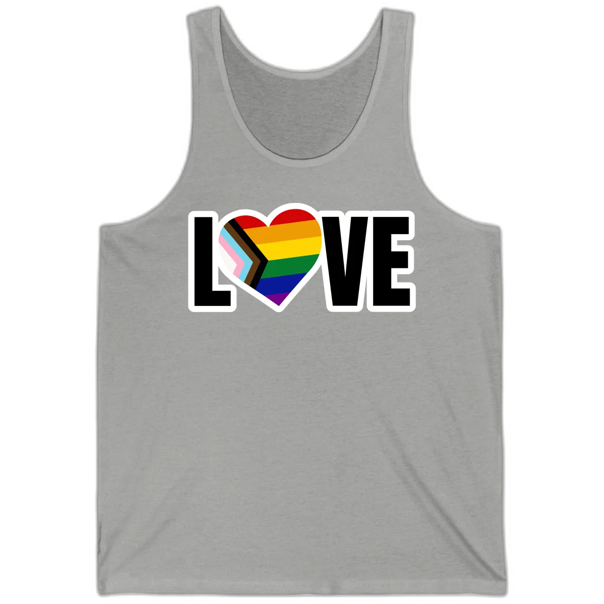 Love is love pride design featuring large black text with a rainbow heart containing the progress pride flag chevron stripes in Athletic Heather