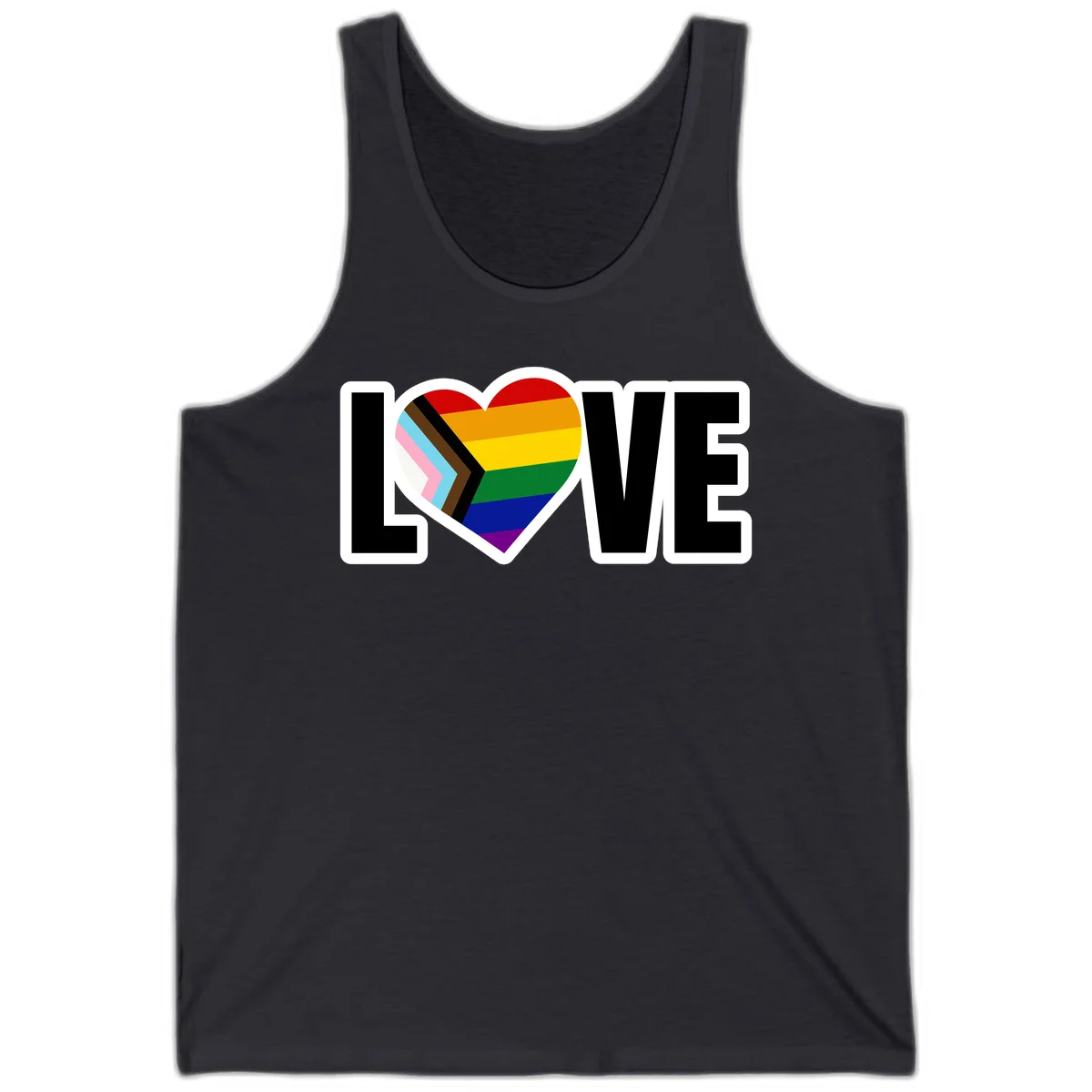 Love is love pride design featuring large black text with a rainbow heart containing the progress pride flag chevron stripes in Dark Grey