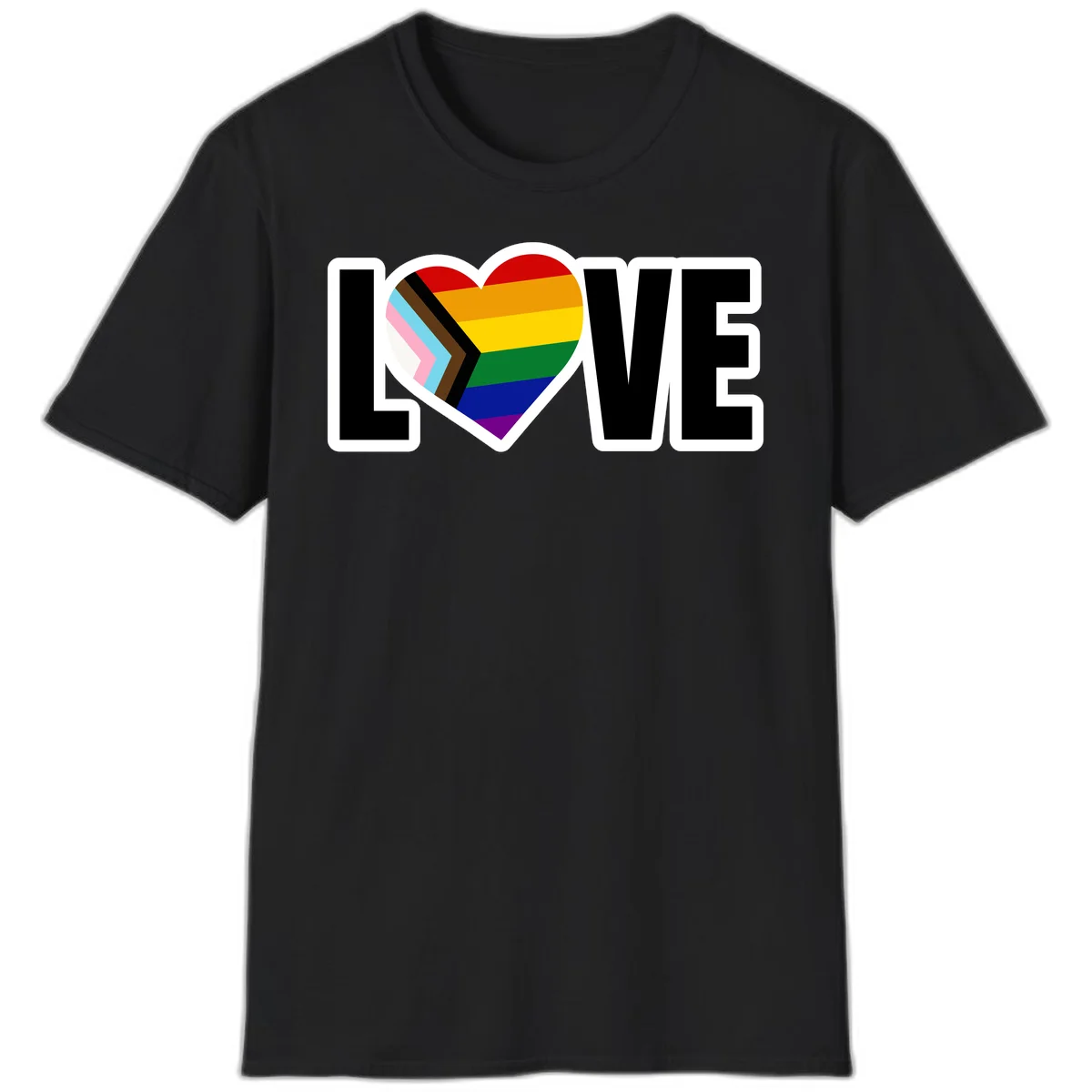 Love is love pride design featuring large black text with a rainbow heart containing the progress pride flag chevron stripes in Black
