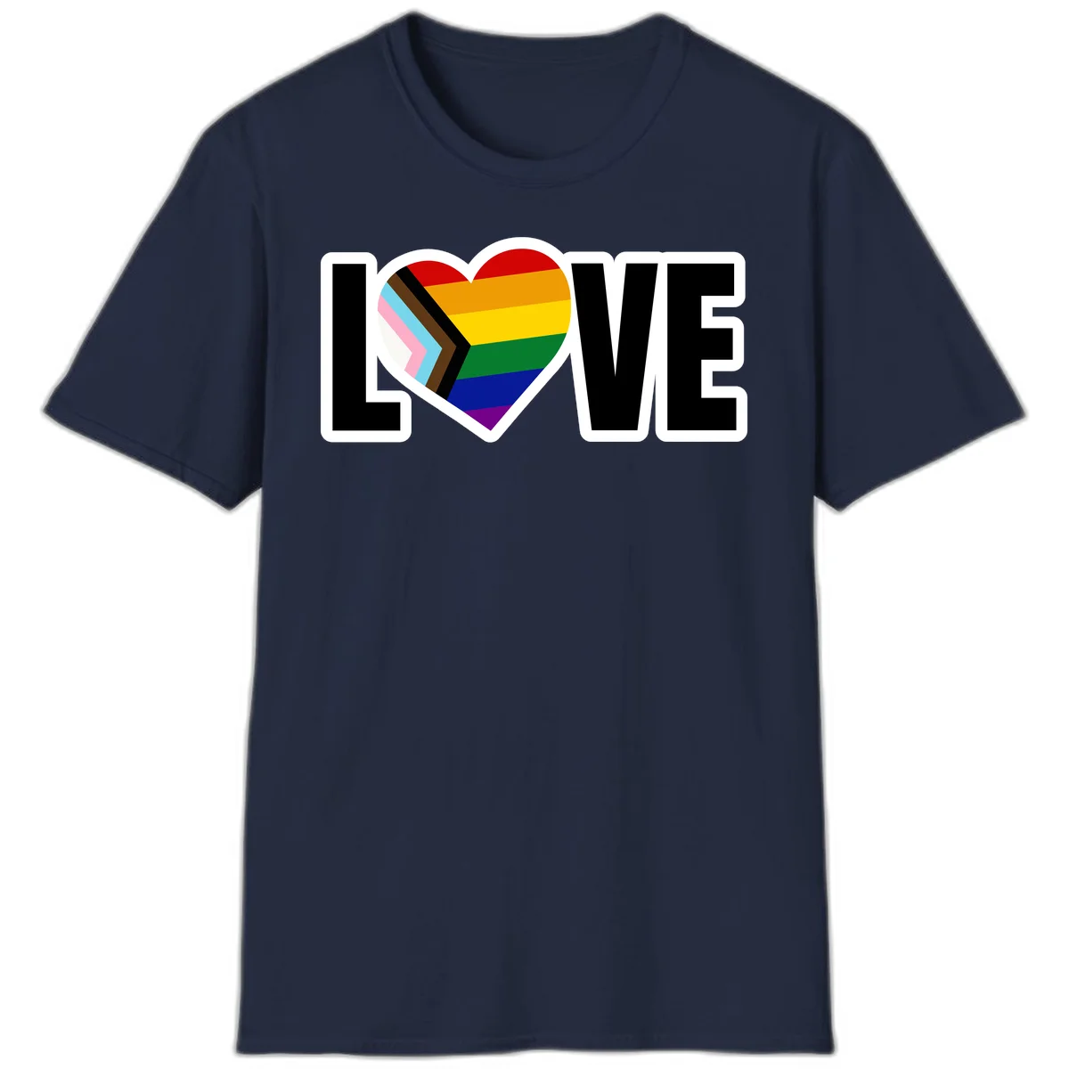 Love is love pride design featuring large black text with a rainbow heart containing the progress pride flag chevron stripes in Navy
