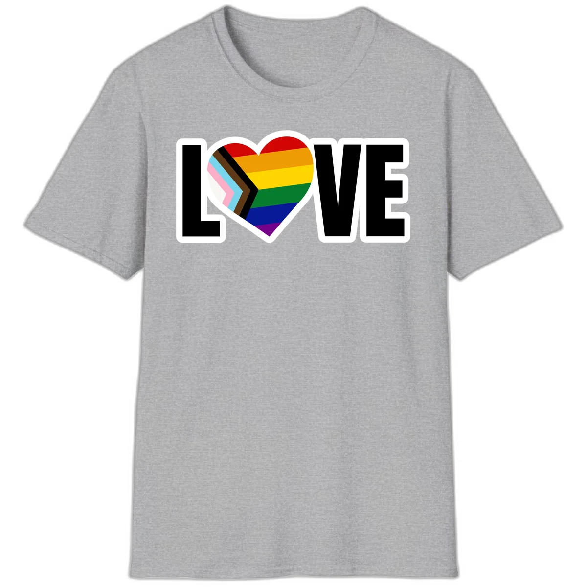 Love is love pride design featuring large black text with a rainbow heart containing the progress pride flag chevron stripes in Sport Grey