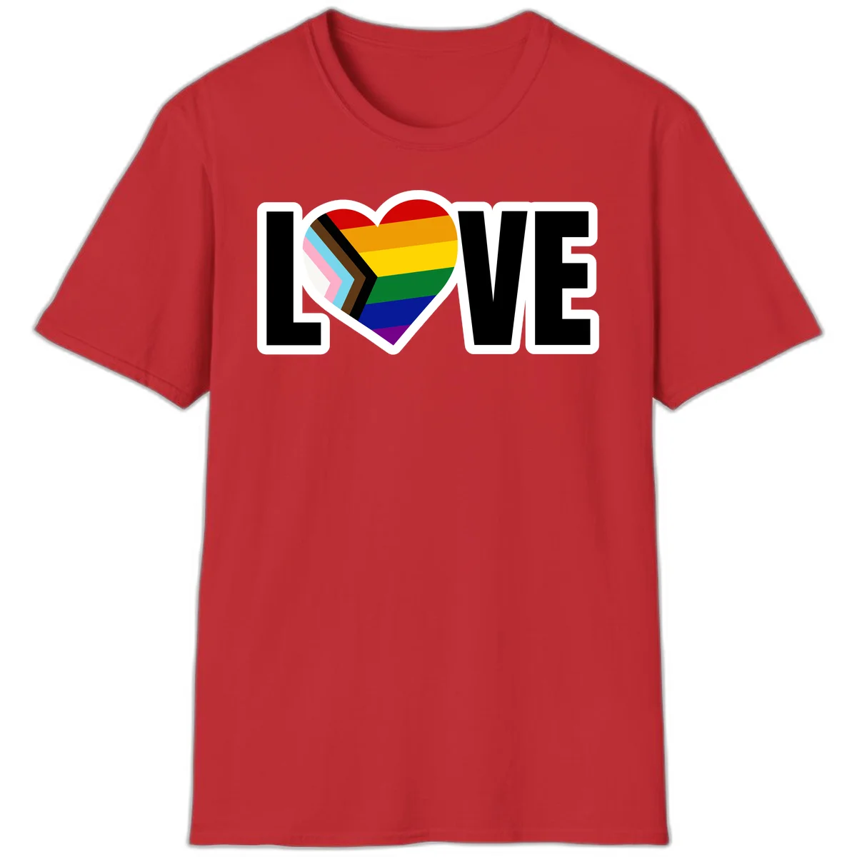 Love is love pride design featuring large black text with a rainbow heart containing the progress pride flag chevron stripes in Red