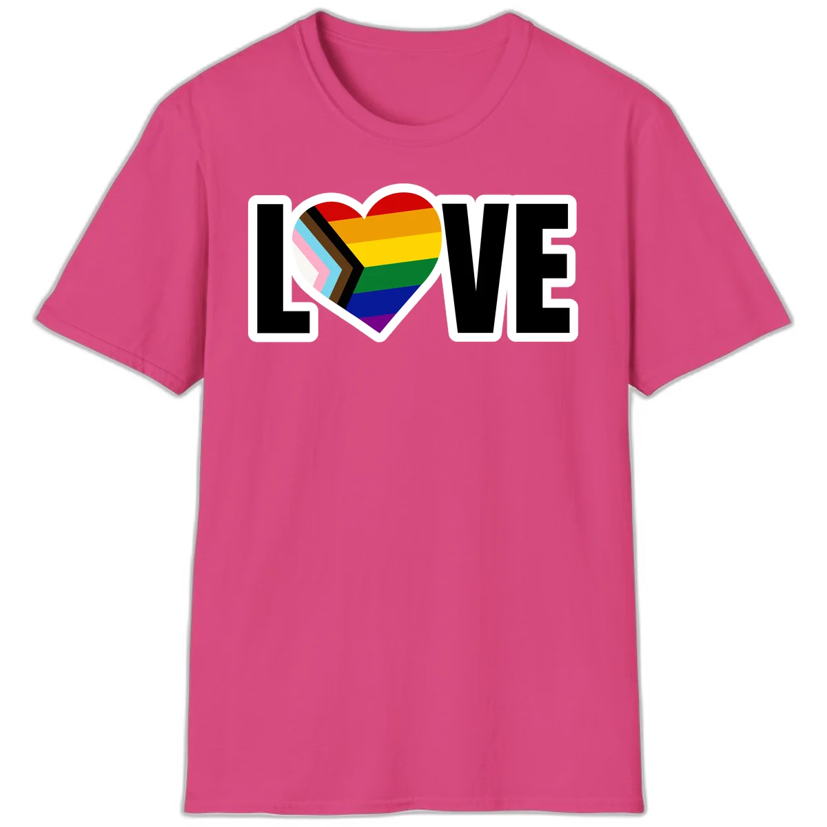 Love is love pride design featuring large black text with a rainbow heart containing the progress pride flag chevron stripes in Heliconia