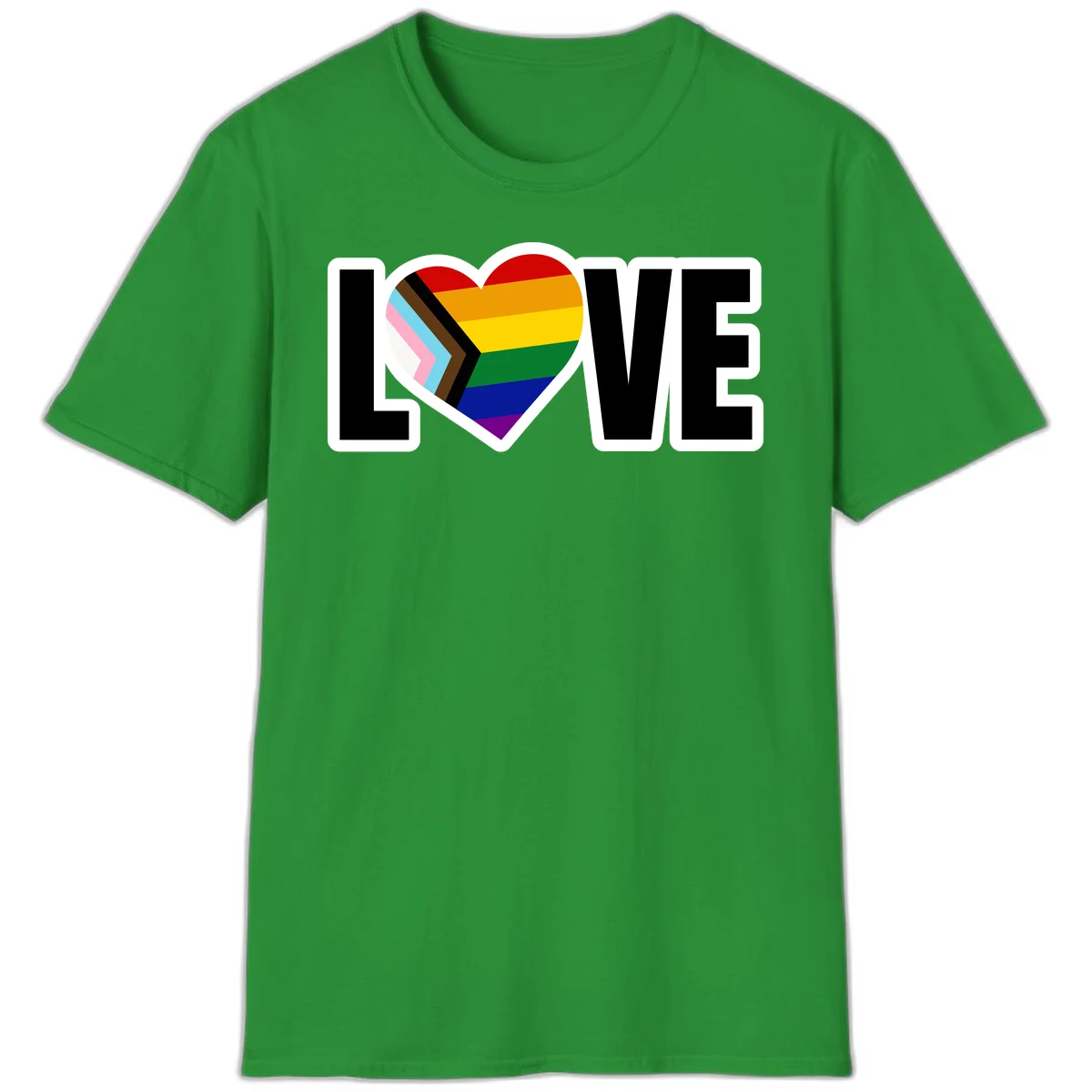 Love is love pride design featuring large black text with a rainbow heart containing the progress pride flag chevron stripes in Irish Green