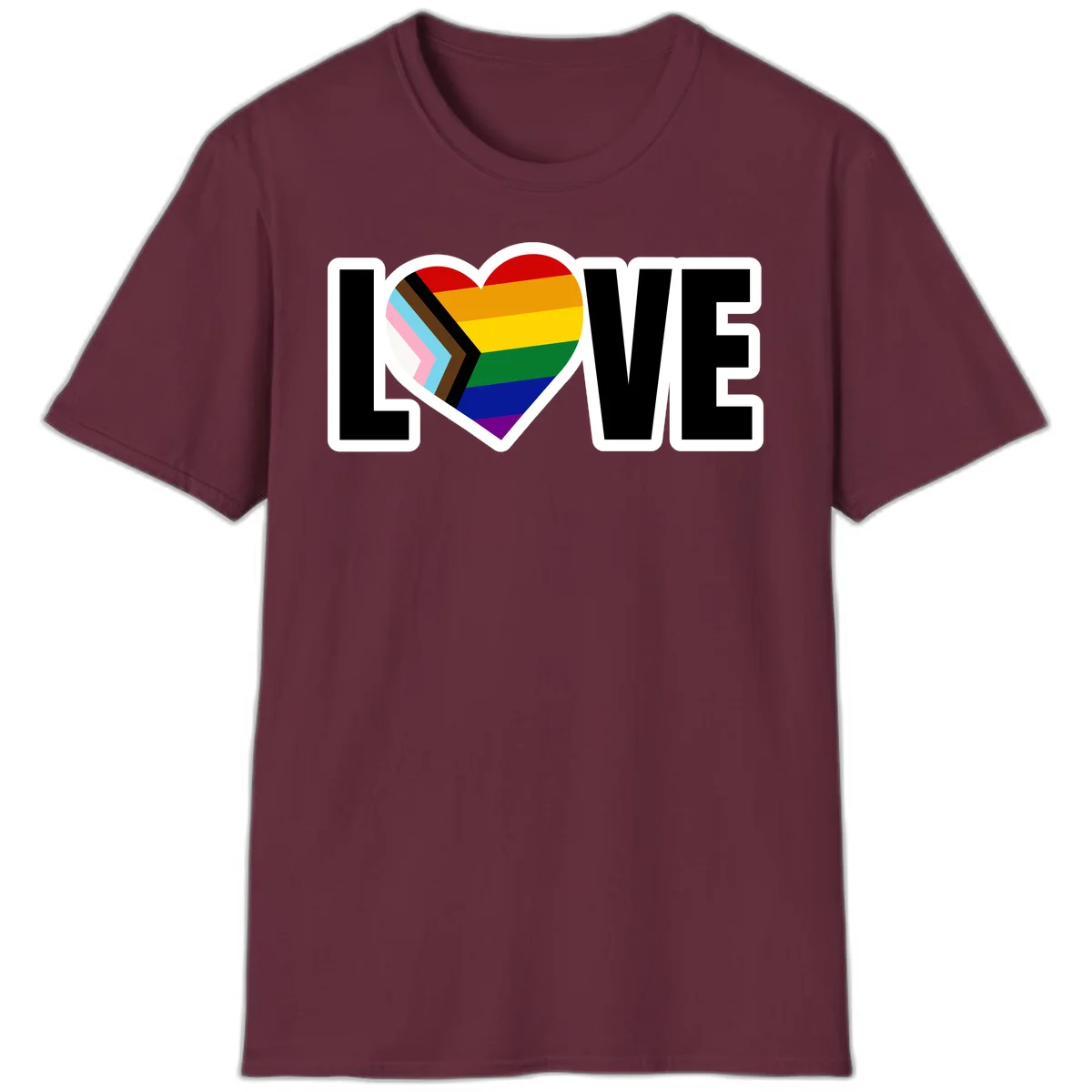Love is love pride design featuring large black text with a rainbow heart containing the progress pride flag chevron stripes in Maroon