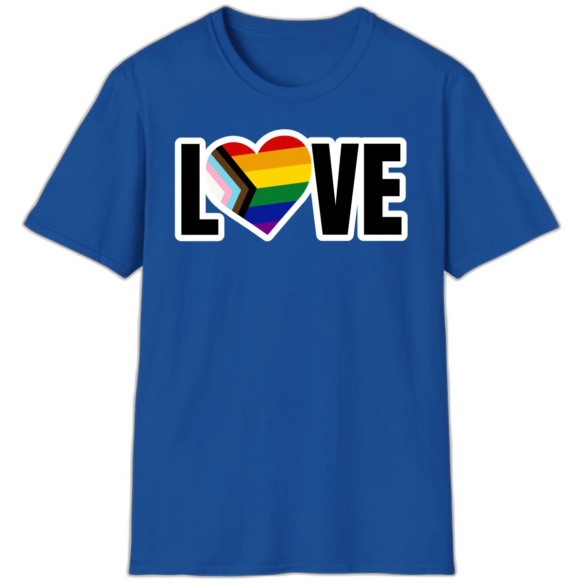 Love is love pride design featuring large black text with a rainbow heart containing the progress pride flag chevron stripes in Royal