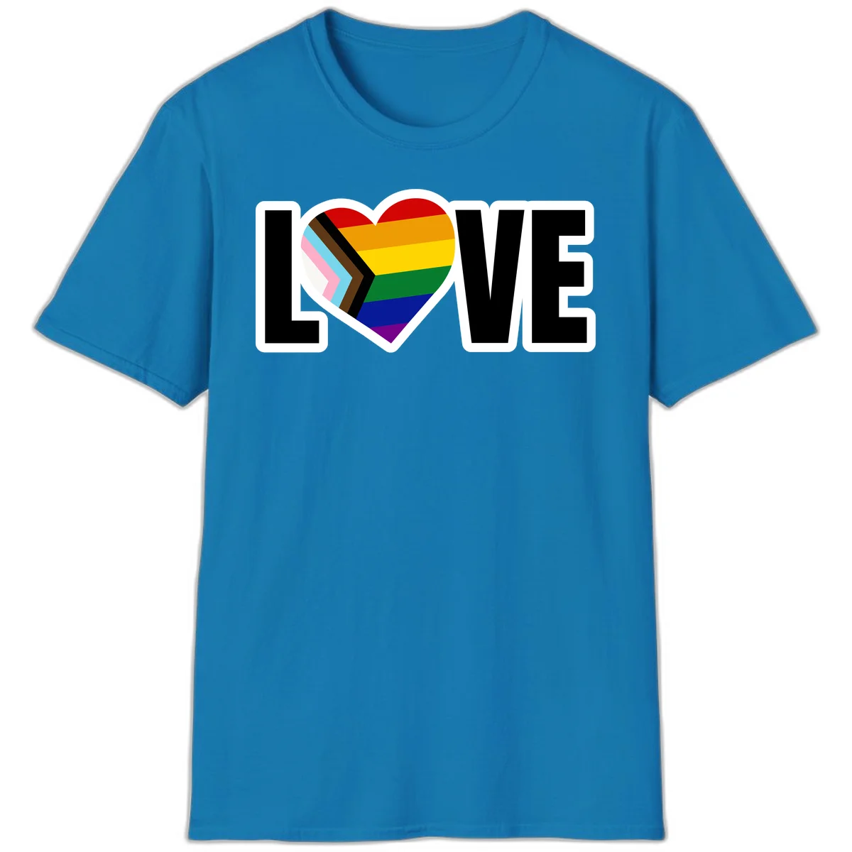 Love is love pride design featuring large black text with a rainbow heart containing the progress pride flag chevron stripes in Sapphire