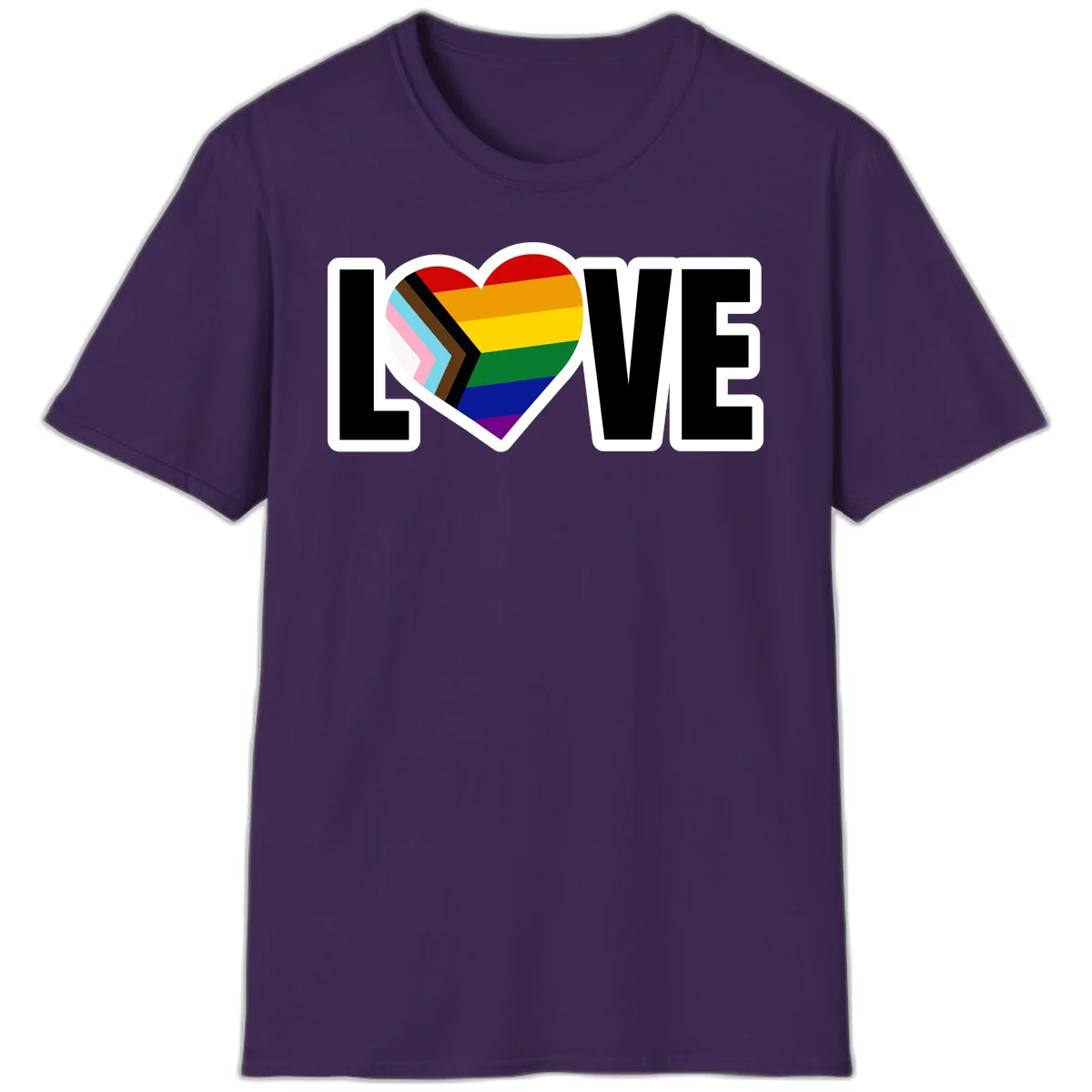 Love is love pride design featuring large black text with a rainbow heart containing the progress pride flag chevron stripes in Purple