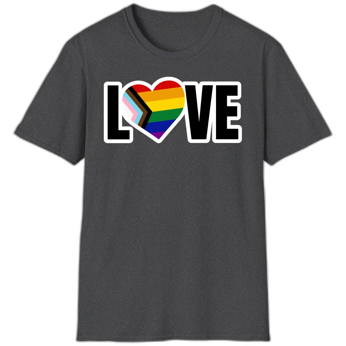 Love is love pride design featuring large black text with a rainbow heart containing the progress pride flag chevron stripes in Dark Heather