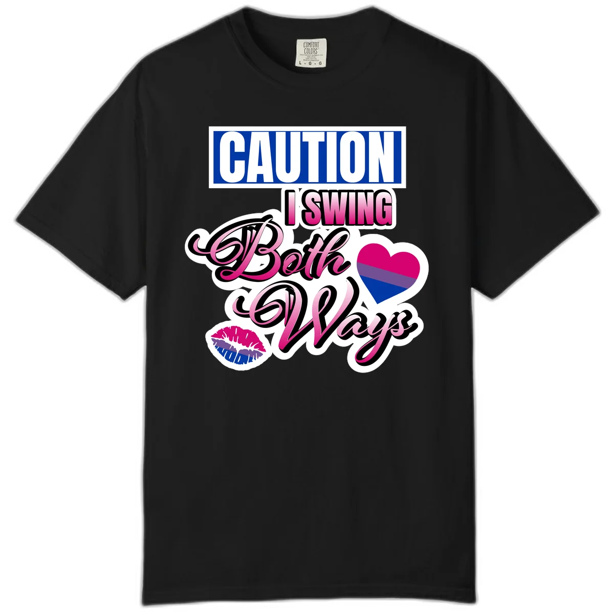 Caution swing both ways design with bisexual flag heart and lip print, blue caution banner with pink text on white background in Black