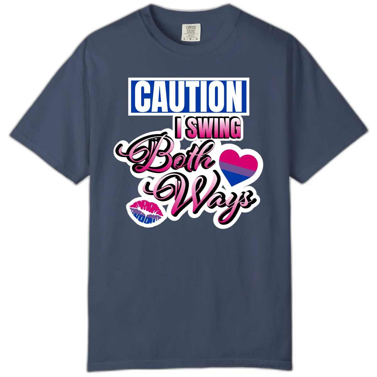 Caution swing both ways design with bisexual flag heart and lip print, blue caution banner with pink text on white background in Midnight