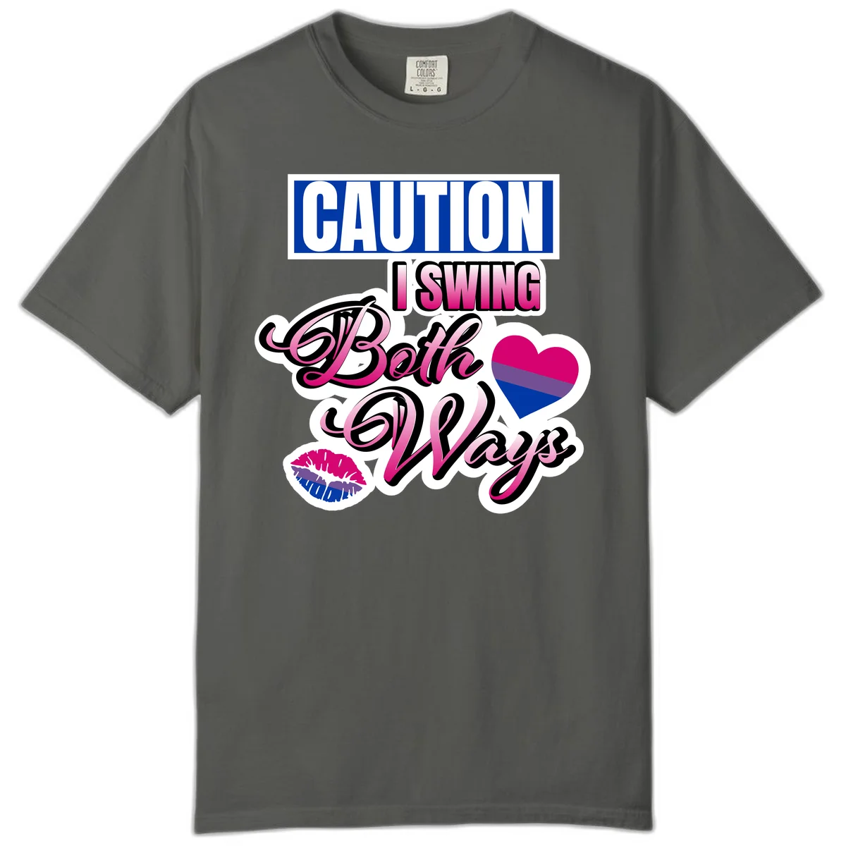 Caution swing both ways design with bisexual flag heart and lip print, blue caution banner with pink text on white background in Pepper