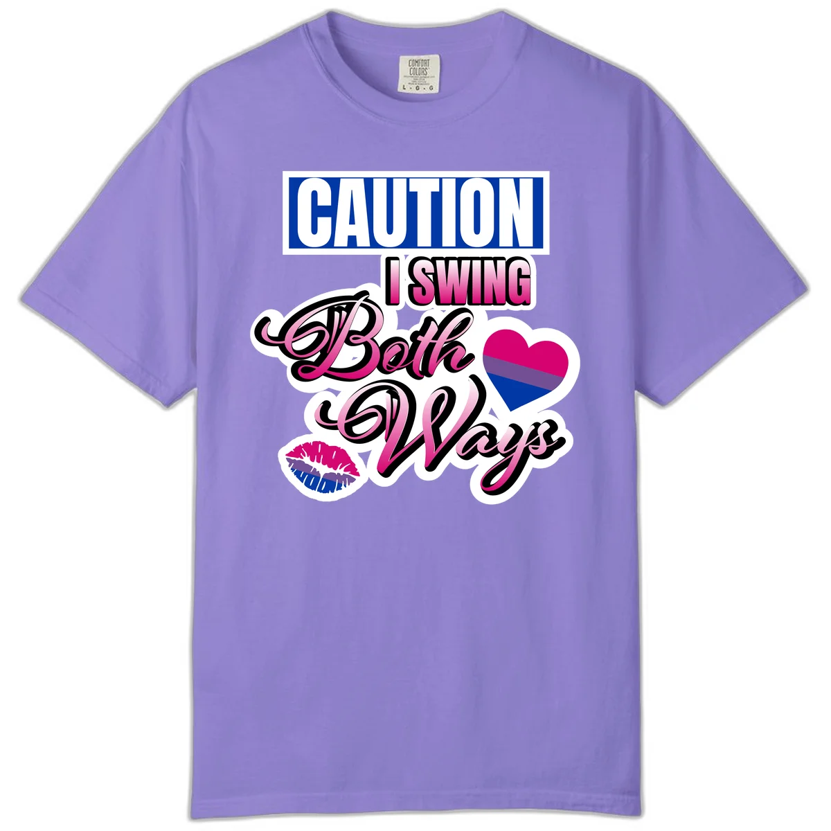 Caution swing both ways design with bisexual flag heart and lip print, blue caution banner with pink text on white background in Violet