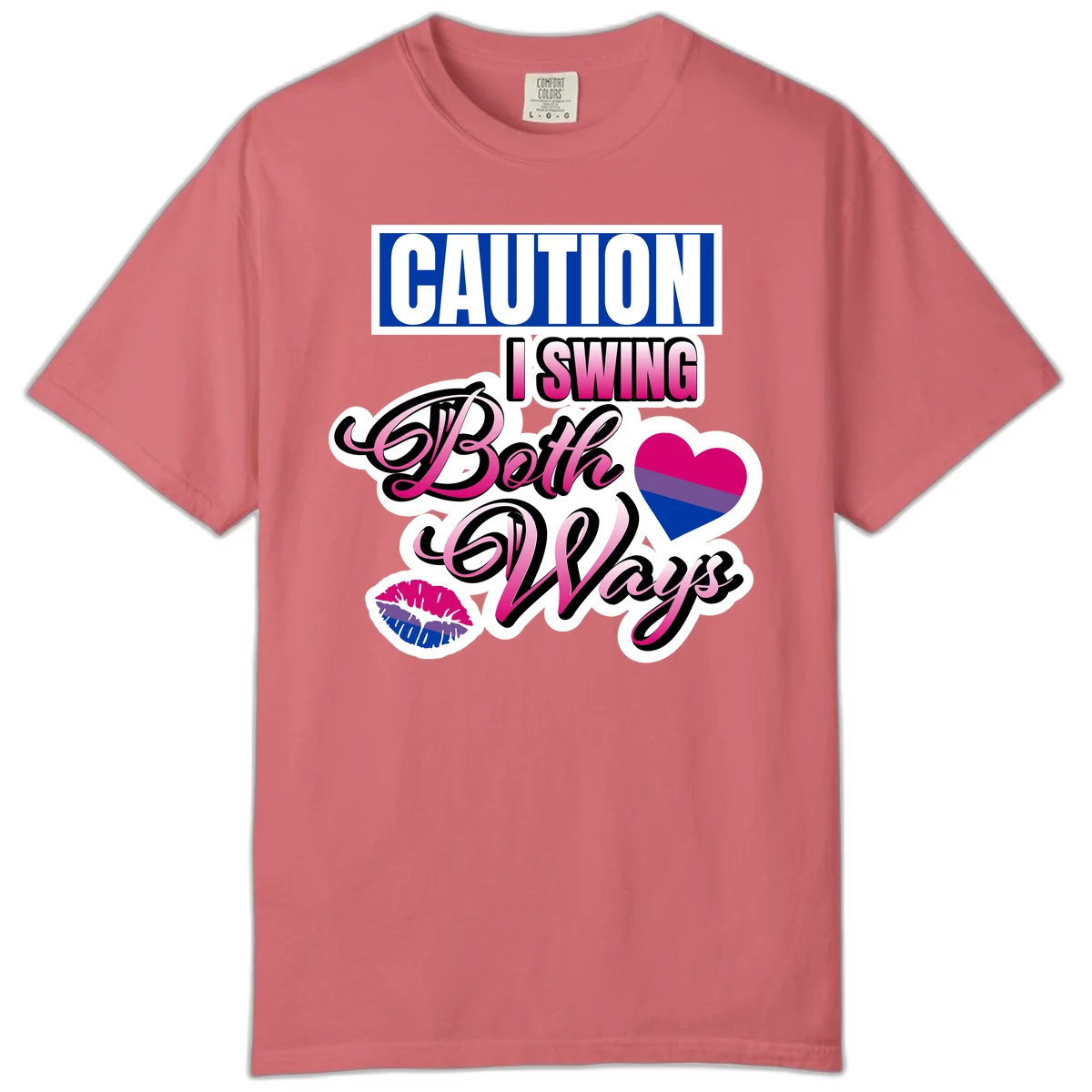 Caution swing both ways design with bisexual flag heart and lip print, blue caution banner with pink text on white background in Watermelon