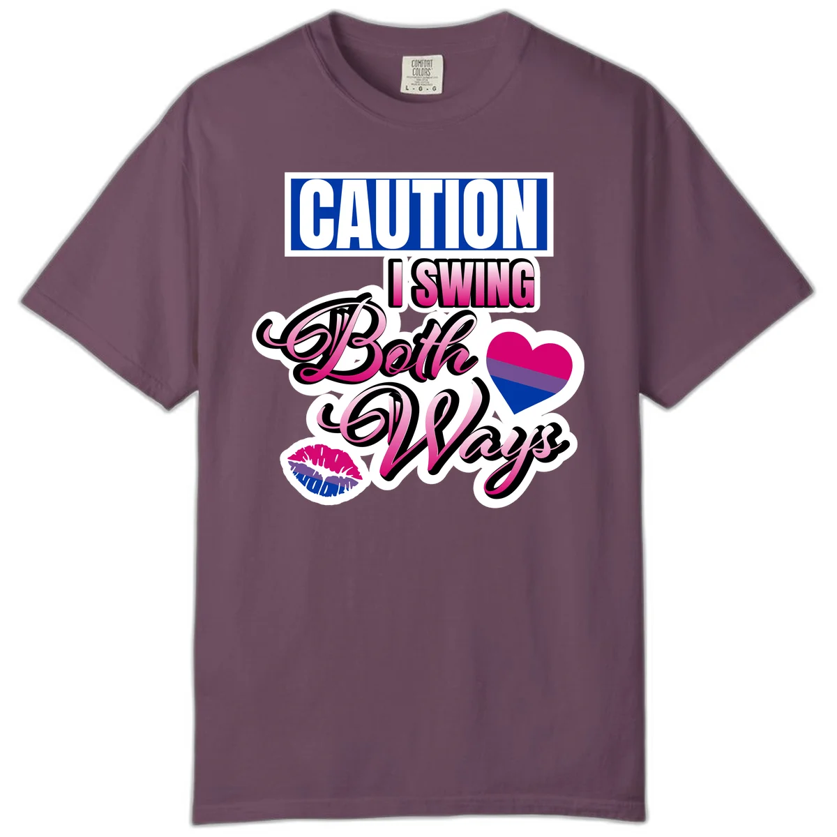 Caution swing both ways design with bisexual flag heart and lip print, blue caution banner with pink text on white background in Berry