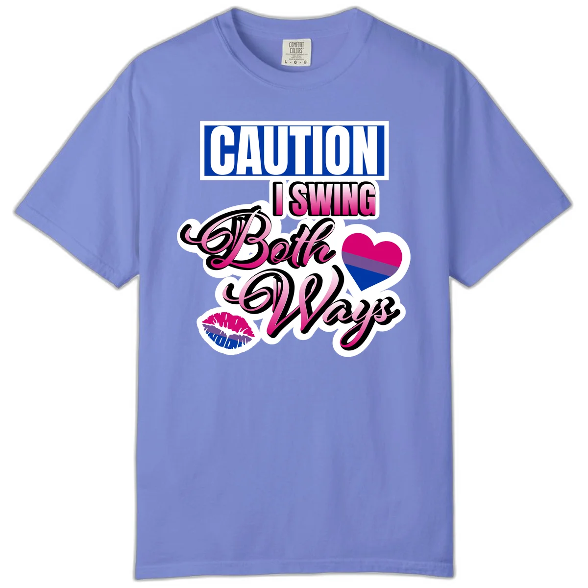 Caution swing both ways design with bisexual flag heart and lip print, blue caution banner with pink text on white background in Flo Blue