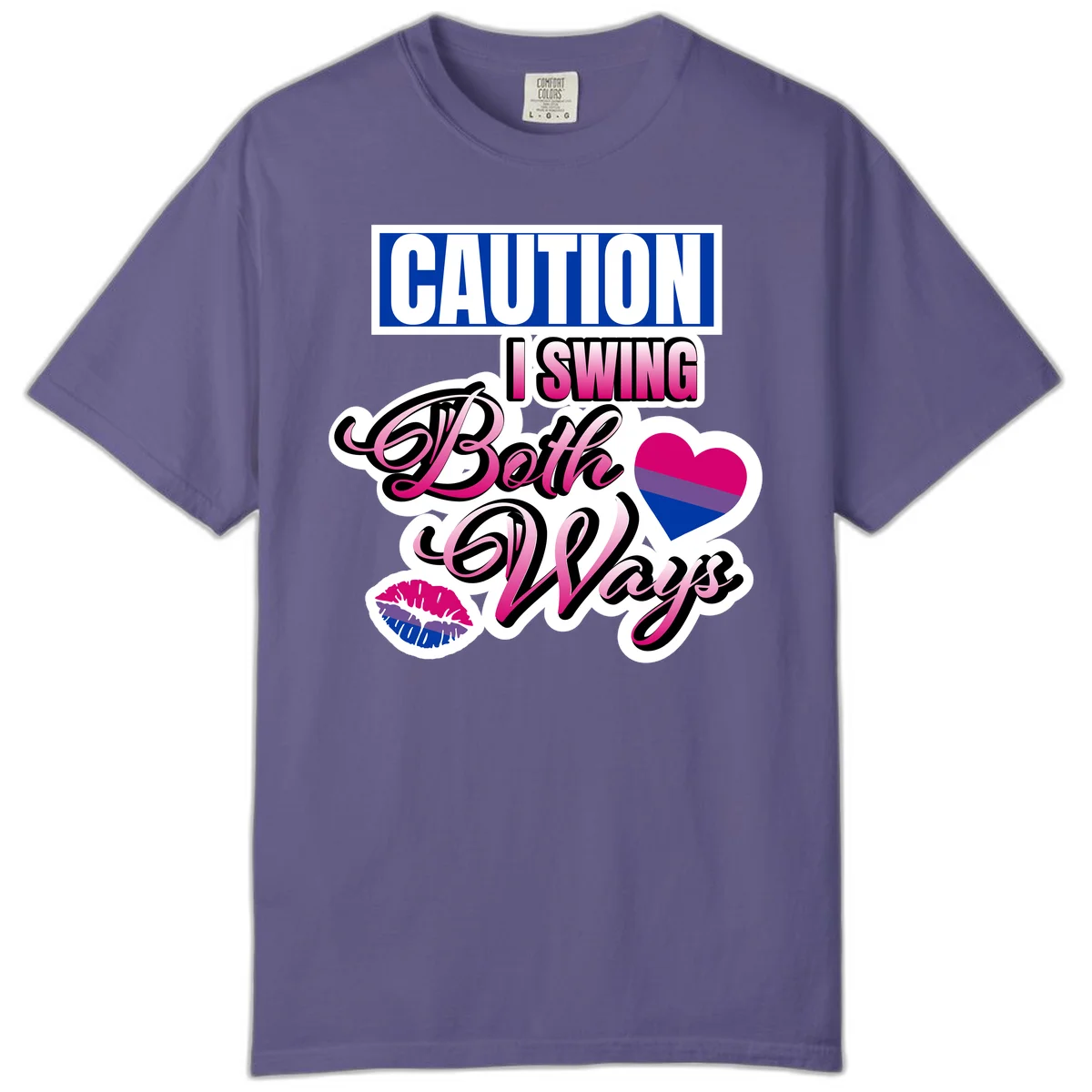 Caution swing both ways design with bisexual flag heart and lip print, blue caution banner with pink text on white background in Grape