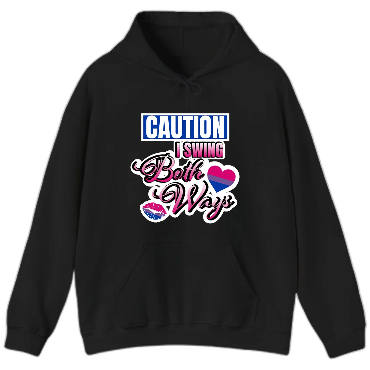 Caution swing both ways design with bisexual flag heart and lip print, blue caution banner with pink text on white background in Black