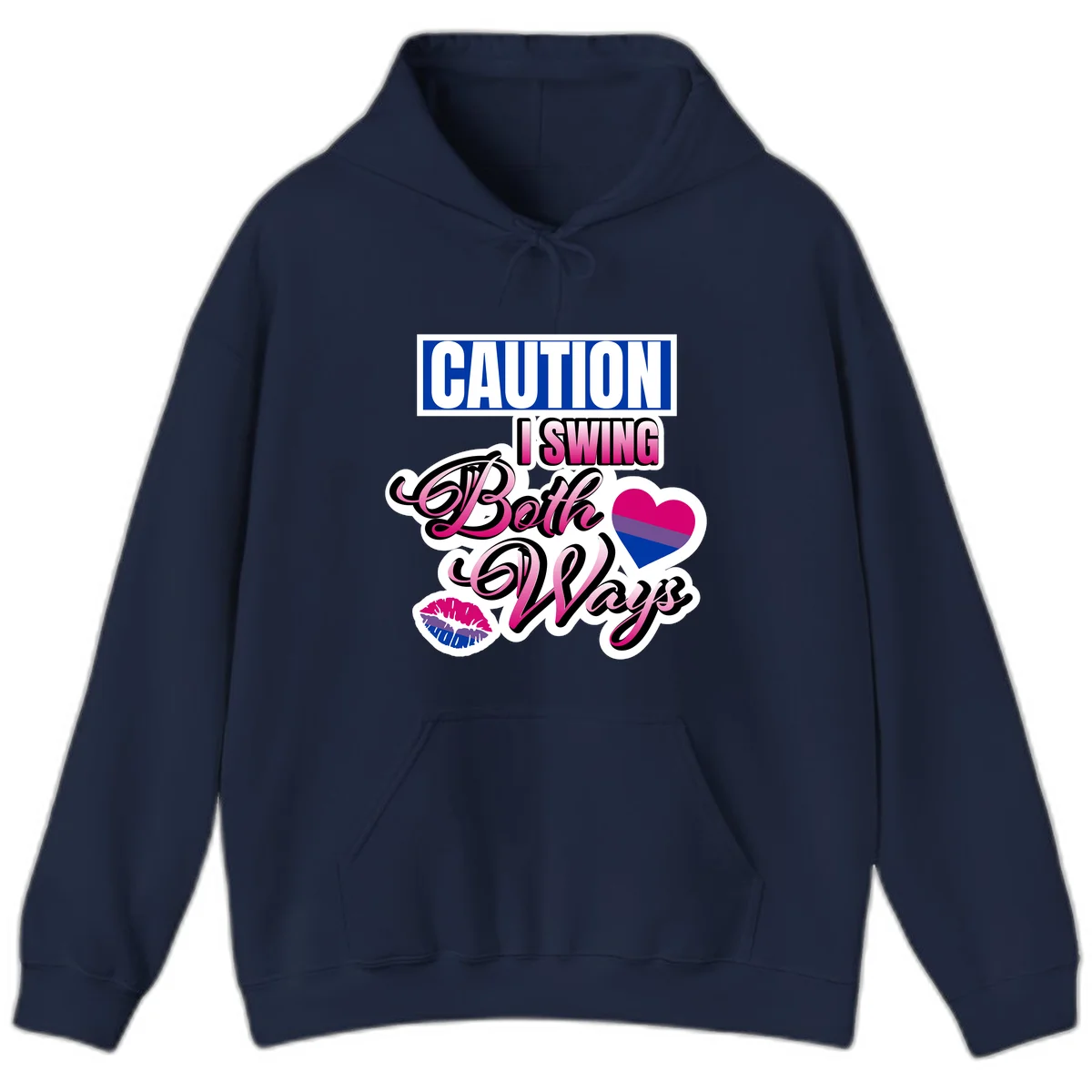 Caution swing both ways design with bisexual flag heart and lip print, blue caution banner with pink text on white background in Navy