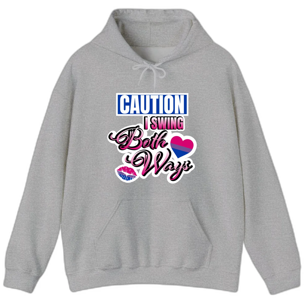 Caution swing both ways design with bisexual flag heart and lip print, blue caution banner with pink text on white background in Sport Grey