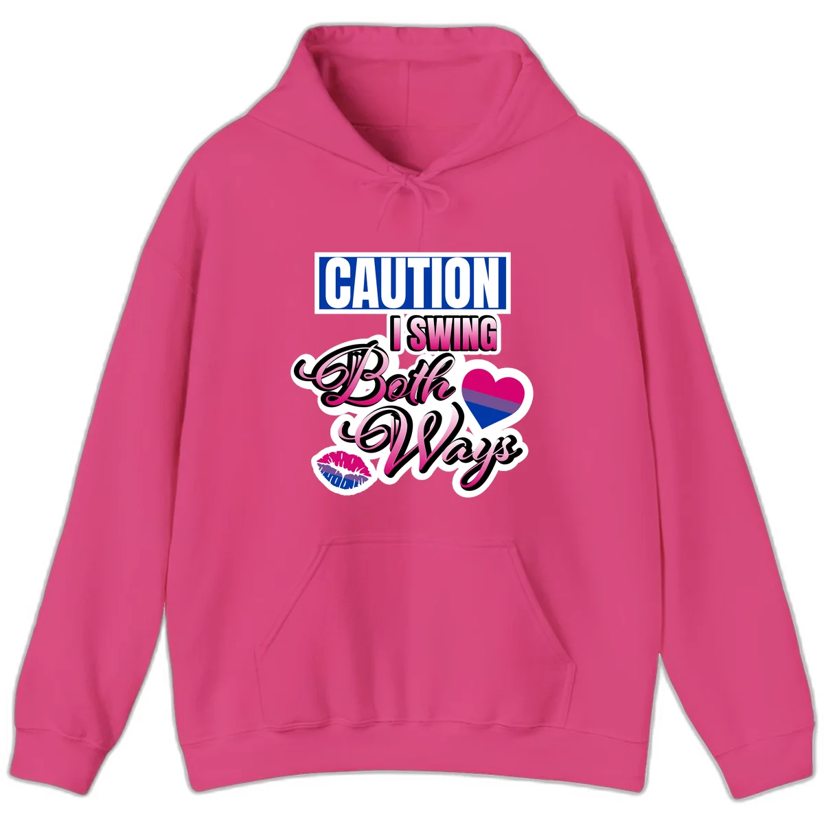 Caution swing both ways design with bisexual flag heart and lip print, blue caution banner with pink text on white background in Heliconia