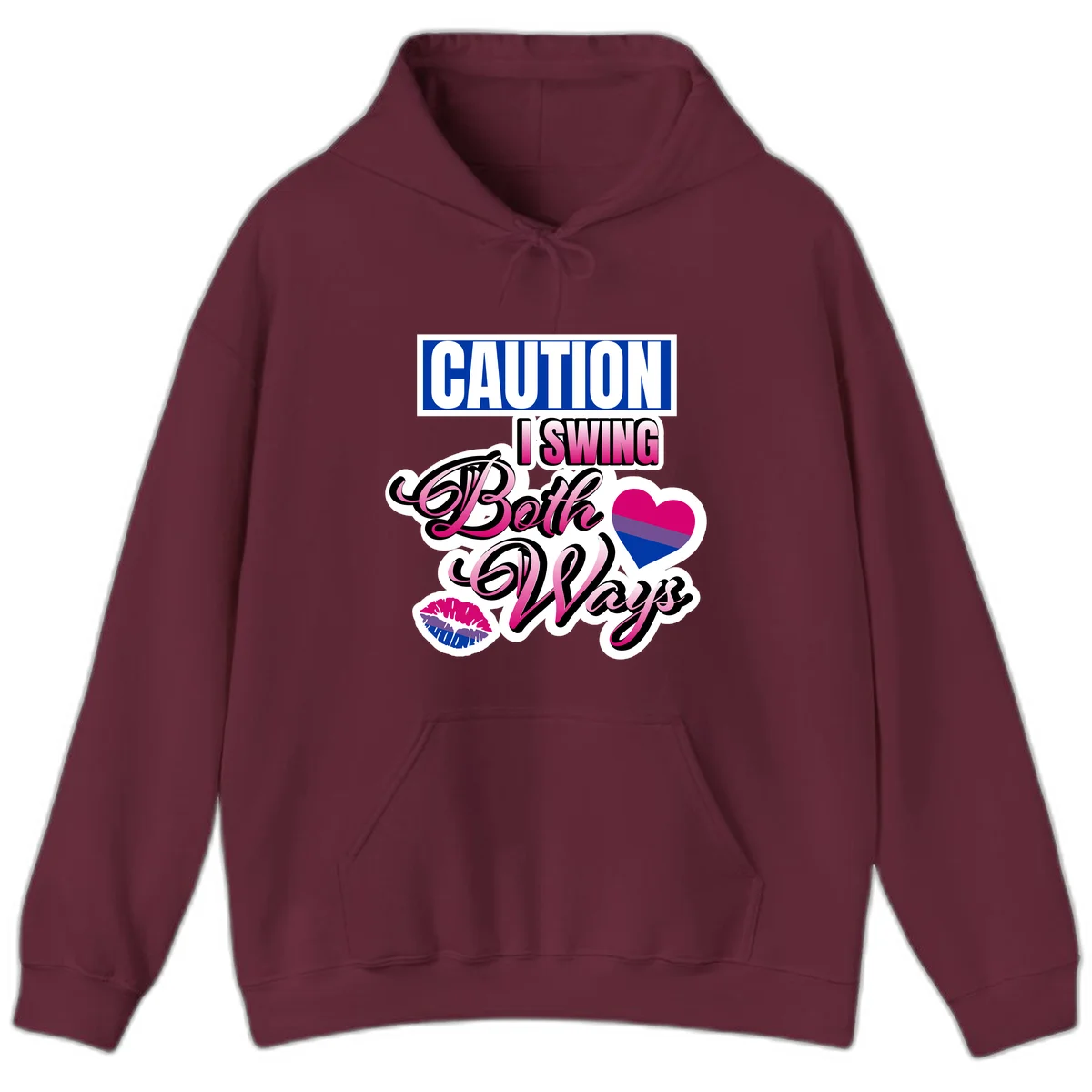 Caution swing both ways design with bisexual flag heart and lip print, blue caution banner with pink text on white background in Maroon