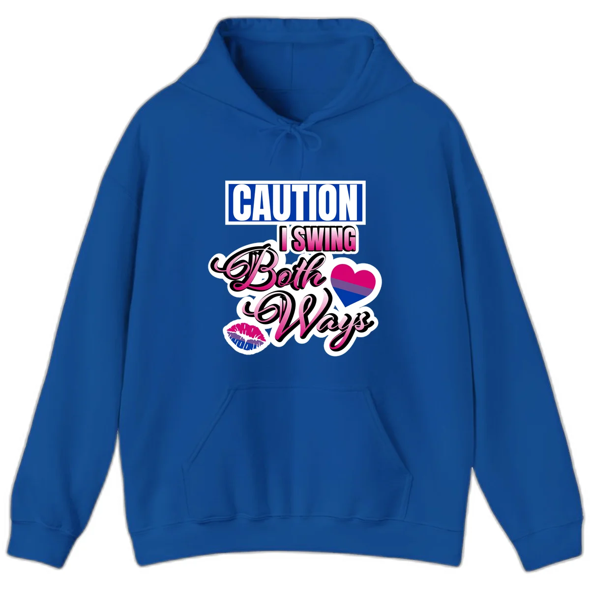 Caution swing both ways design with bisexual flag heart and lip print, blue caution banner with pink text on white background in Royal