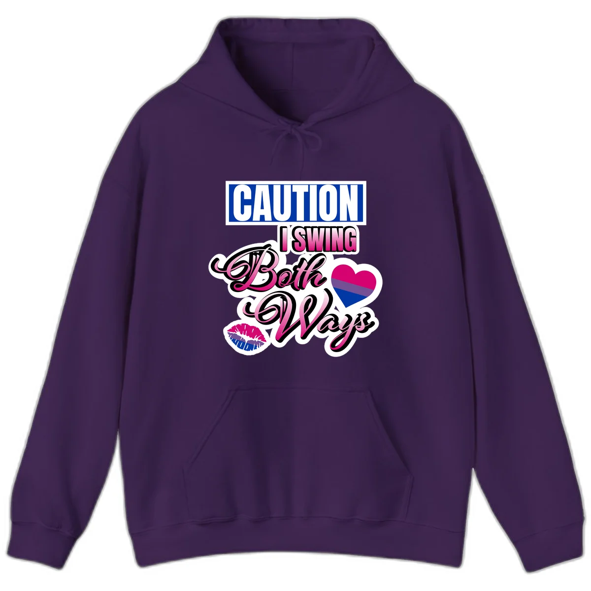 Caution swing both ways design with bisexual flag heart and lip print, blue caution banner with pink text on white background in Purple