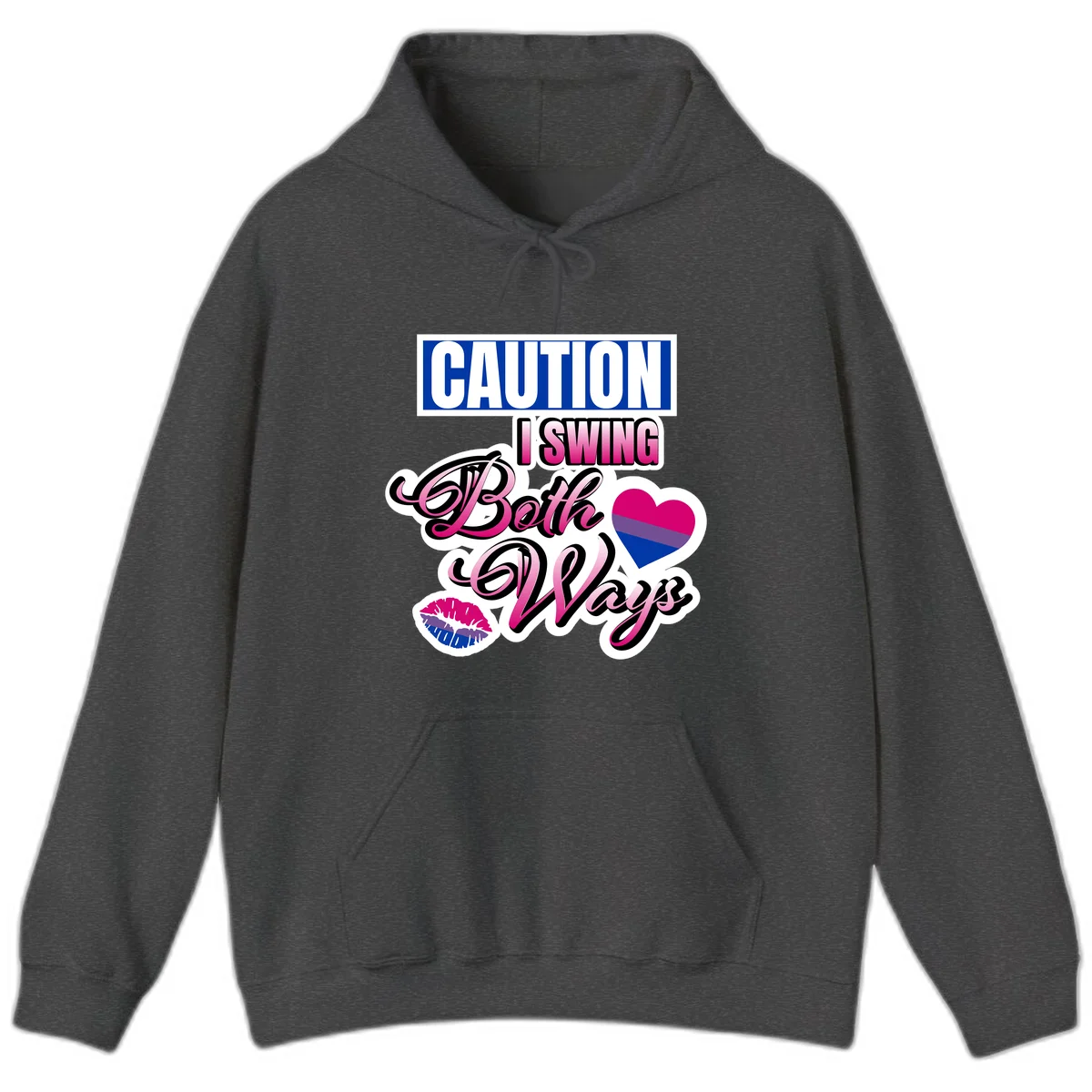 Caution swing both ways design with bisexual flag heart and lip print, blue caution banner with pink text on white background in Dark Heather