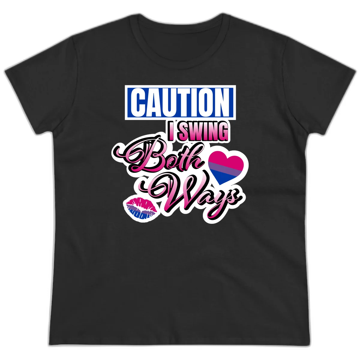 Caution swing both ways design with bisexual flag heart and lip print, blue caution banner with pink text on white background in Black