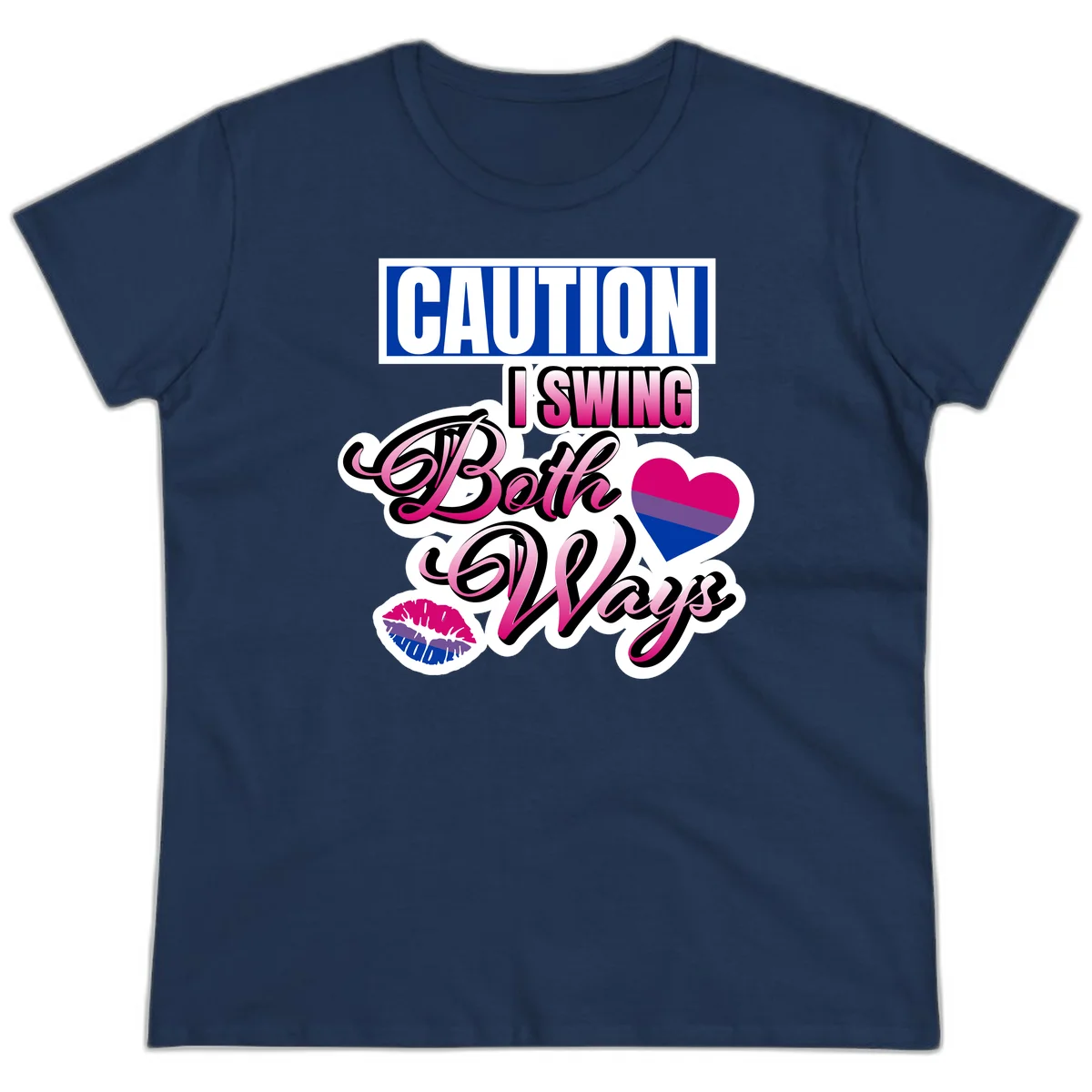 Caution swing both ways design with bisexual flag heart and lip print, blue caution banner with pink text on white background in Navy