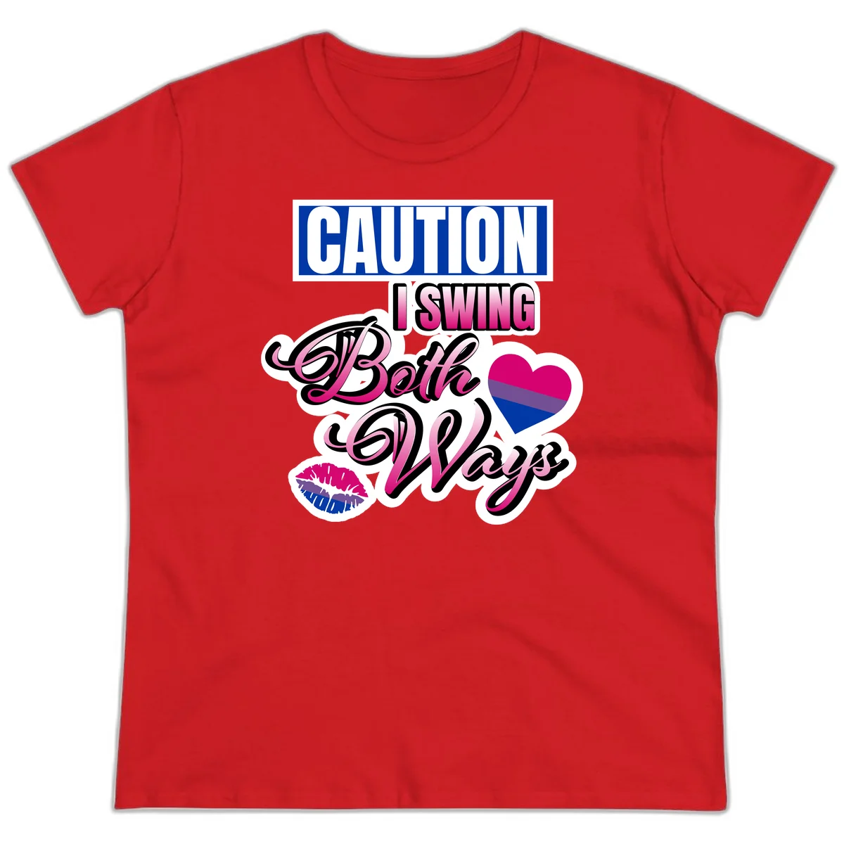 Caution swing both ways design with bisexual flag heart and lip print, blue caution banner with pink text on white background in Red