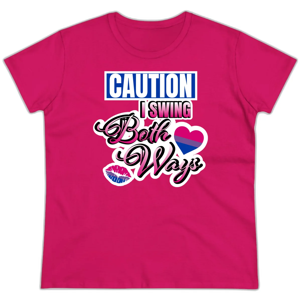 Caution swing both ways design with bisexual flag heart and lip print, blue caution banner with pink text on white background in Heliconia