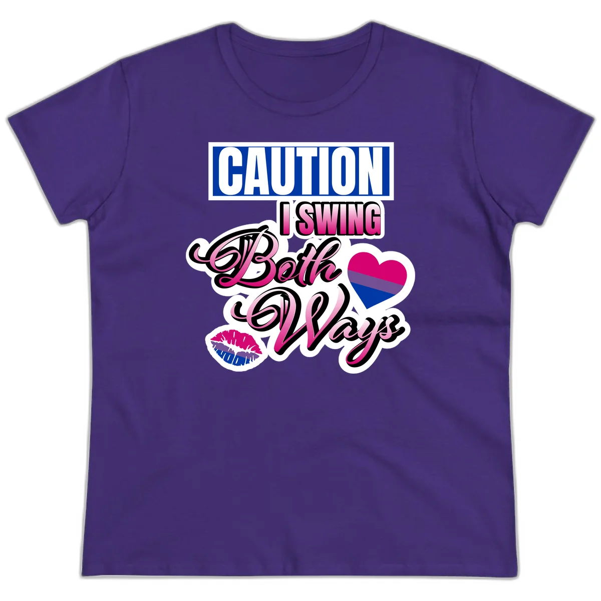 Caution swing both ways design with bisexual flag heart and lip print, blue caution banner with pink text on white background in Purple