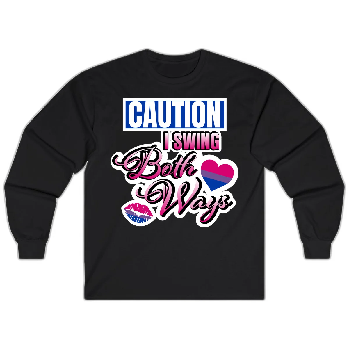 Caution swing both ways design with bisexual flag heart and lip print, blue caution banner with pink text on white background in Black