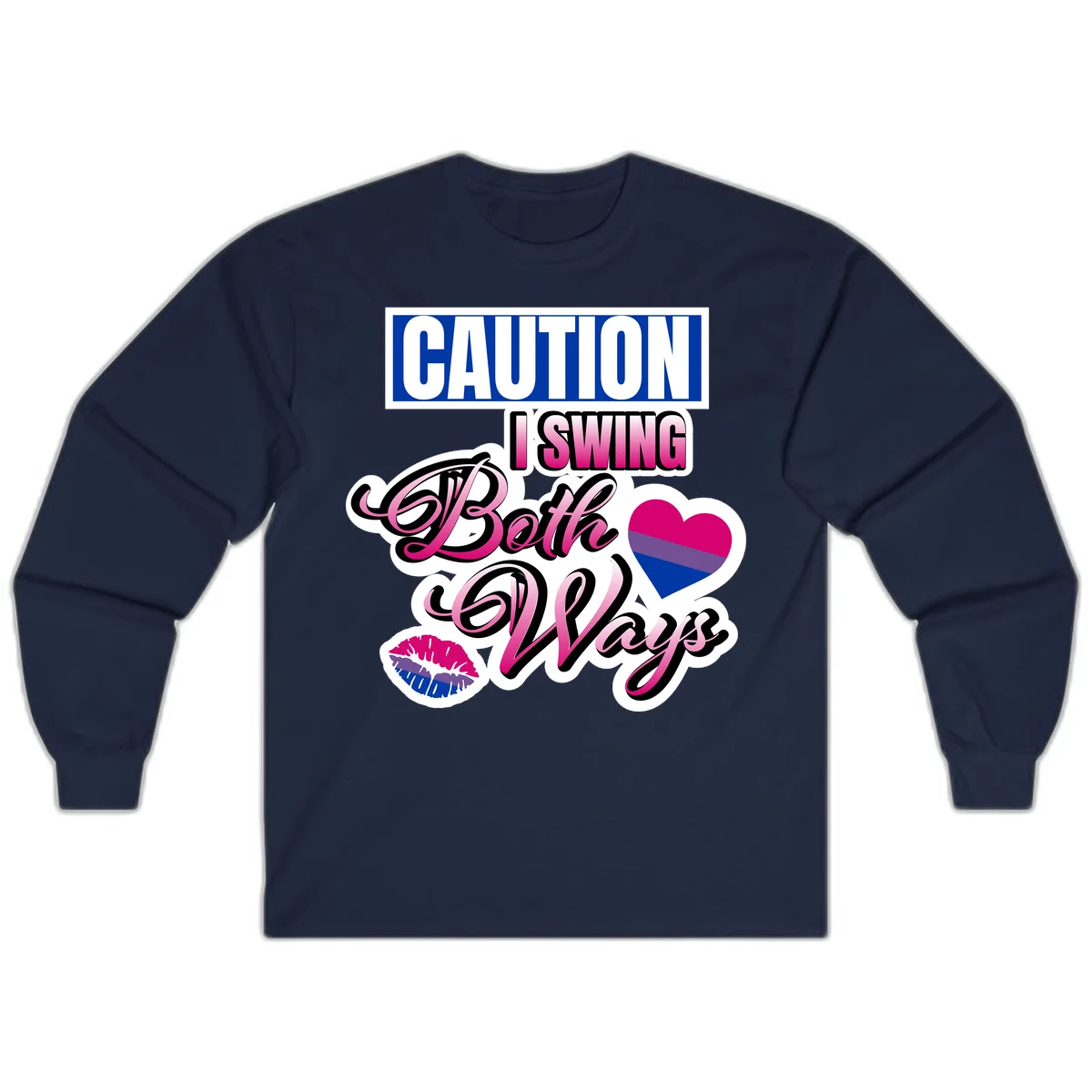 Caution swing both ways design with bisexual flag heart and lip print, blue caution banner with pink text on white background in Navy