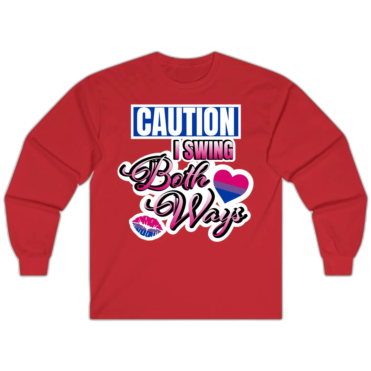 Caution swing both ways design with bisexual flag heart and lip print, blue caution banner with pink text on white background in Red